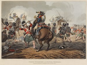 1819年にM.ドゥブールによって刻まれたハイランダーズとスコッチグレイによって起訴され敗北したウォータールーの戦いにおけるフランスのキュラシエ（色のアクアチント）
