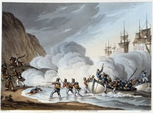 19世紀初頭の軍隊の上陸（エドワード・オルネ著「歴史的、軍事的、海軍的逸話」より 作： John Augustus Atkinson