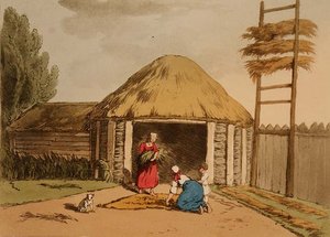 麻の選別と乾燥」、『ロシア人の風俗習慣と娯楽』第3巻の95枚目のプレート、画家がエッチングしたもの、パブ。1804年（アクアチント）。 作： John Augustus Atkinson