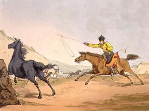 馬を捕まえるタルタル人、「ロシア人の風俗・習慣・娯楽」の第3巻からのプレート69、画家によるエッチング、パブ。1803年（アクアチント）。 作： John Augustus Atkinson