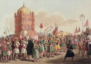 1813年4月5日、「マハッタキャンプ」からのタジヤの行列（カラー彫刻）