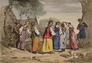 村の娯楽、「ロシア人の風俗、習慣、娯楽」第3巻の82番プレート、画家が彫ったもの、パブ。1804年（アクアチント）。
