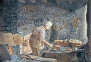鍛冶場で働く鍛冶屋（水彩画） 作： John B. Gibbs
