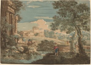 漁師、牛、騎手の英雄的な風景 作： John Baptist Jackson after Marco Ricci