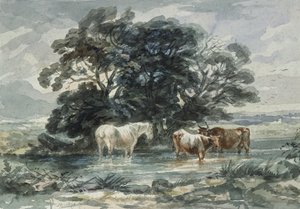 風景、2頭の牛と水に立っている馬（スケッチ） 作： John Barker