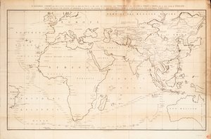 メルカトル図法による「ライオン号」と「ヒンドスタン号」のイギリスから中国のペキン溝までの航路と、イギリスへの帰航を示す全体図。 作： John Barrow