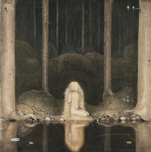 トゥブスターはまだ座っていて、切なそうに水面を見ている。 作： John Bauer