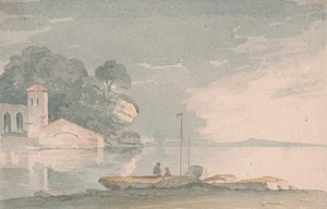 湖岸のボートと人影 作： John Baverstock Knight