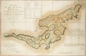 1776年、ジョン・バレス測量主任による、高名な割譲島土地売却委員会の指示の下、実測によって作成されたベキア島の平面図 作： John Bayly