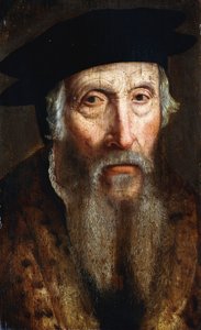 ひげを生やした男性のバストの長さ、毛皮のトリミングコートと黒い帽子の肖像、c.1547