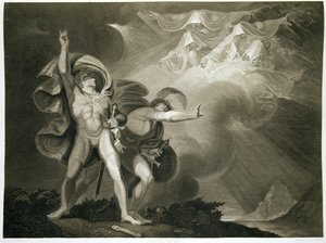 マクベス、バンコウ、ウィリアムシェイクスピア（1564-1616）によるマクベスのシーンI、シーンIIIのヒースの3人の魔女が1805年に出版 作： John Boydell