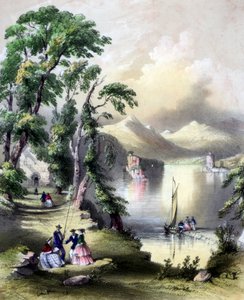 19世紀のアイルランド、イニスファッレン修道院の遺跡とキラーニー湖。 作： John Brandard