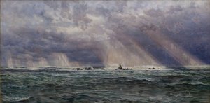 ロングシップ灯台沖の北西の強風、1873 年。 作： John Brett