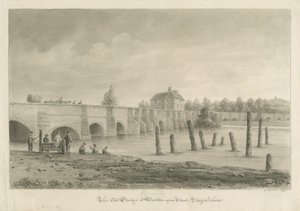 バートンアポントレント橋と町：セピア色の絵、1839年 作： John Buckler