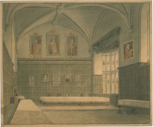 ケンブリッジシャー-[？ジーザス]カレッジのホール-インテリアビュー、1818年 作： John Buckler