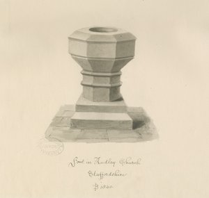オードリー教会のフォント：セピア画、1840年 作： John Buckler