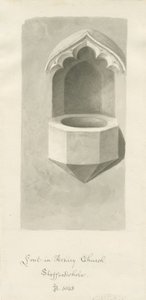 アシュリー教会のフォント：セピア色の描画、1843年 作： John Buckler