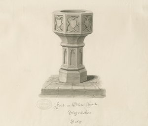 ブロア教会のフォント：セピア画、1839 作： John Buckler
