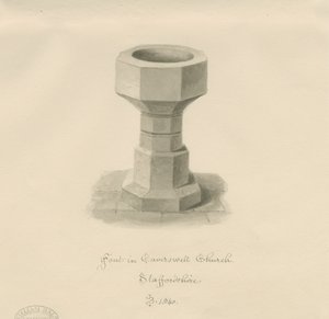 キャバーズウォール教会のフォント：セピア画、1840 作： John Buckler