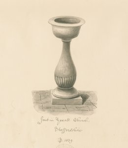 ヨックソール教会のフォント：セピア色の描画、1839年 作： John Buckler