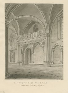 リッチフィールド大聖堂の内部 - Consistory Courtの入り口：セピア色の図面 作： John Buckler