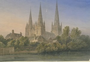 リッチフィールド大聖堂-サウスウェストビュー：1839年の水彩画 作： John Buckler