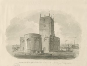 ニューカッスル・アンダー・ライム - 「St.Giles the Abbot」（旧教会）：セピア色の水彩画 作： John Buckler