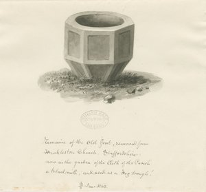 マックレストン教会の古いフォント：セピア色の水彩画、1843年6月（図面 作： John Buckler