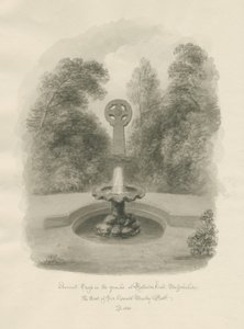 Rolleston Hall-古代の十字架：セピア色のデッサン、1848年 作： John Buckler