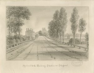 Stafford - 鉄道駅へのアプローチ：セピア色の図面 作： John Buckler