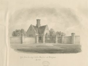 スタッフォード-亡命への新しいロッジ：セピア色の描画、1843年 作： John Buckler