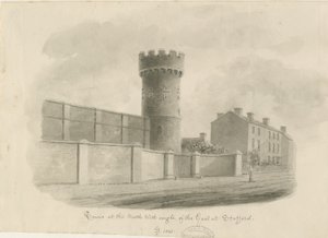 スタッフォード-刑務所の丸い塔：セピア画、1843 作： John Buckler