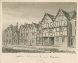 タムワース-チャーチストリートの古い家屋：セピア色のウォッシュドローイング、1838年 作： John Buckler