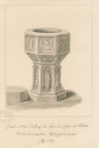 ウォルヴァーハンプトン-聖ペテロ教会のフォント：セピア画、1837年 作： John Buckler