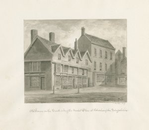ウォルヴァーハンプトン-マーケットプレイスの南側にある古い家屋：セピア色の絵、1847年 作： John Buckler