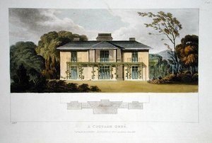 1818年に出版されたアッカーマンの『芸術のリポジトリ』に掲載された「コテージ・オルネ」（カラーリトグラフ 作： John Buonarotti Papworth