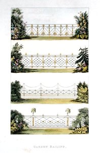 1823年に出版されたアッカーマンの「芸術のリポジトリ」に掲載された庭園の手すり（カラーリトグラフ）
