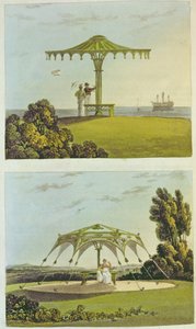 アッカーマン作「芸術のリポジトリ」からの2つの華やかな屋根付きのガーデンシート、1822年