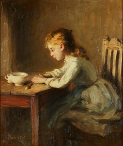 朝食のテーブルの女の子 (キャンバスに油彩) 作： John Burr