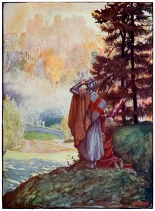 クリスチャンとホープフルは、巡礼者の進歩からこの天体の都市、ジョン・バニヤン（1628-1688）によってもたらされるものまで、天の都市を目にします。 作： John Byam Liston Shaw