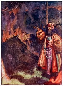巡礼者からのデマはこの世界から進歩し、ジョン・バニヤン（1628-1688）によって描写されます。ビャム・ショウ（1872-1919）によるイラスト巡礼者に銀鉱山を働くように誘うデマを示す 作： John Byam Liston Shaw