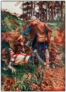 忠実なクリスチャンは、巡礼者の進歩からこの世界へと転落した後、ジョンバニヤン（1628-1688）によってもたらされるものへとクリスチャンを助けます。 作： John Byam Liston Shaw