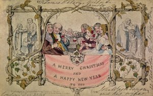 クリスマスカード、使用された最初の既知のクリスマスカードの例、1843（印刷された手描きの水彩画）（元のデザインについては14897を参照）