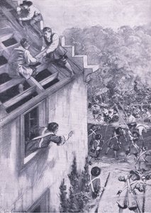 1689年8月21日のデュケルドへの攻撃、1915年の陸と海でのイギリスの戦いのイラスト 作： John Cameron