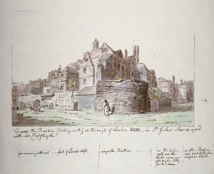ロンドンの壁の角にあるバスティオン、Cripplegate チャーチヤードのないセント ジャイルズ、ロンドン市、1779 年 作： John Carter
