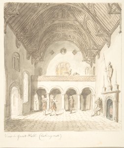 ウスターシャー州リー城、大広間の眺め、西向き、1816年頃。 作： John Carter.