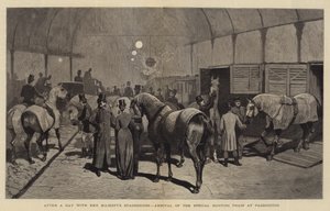 女王陛下のスタハウンドとの一日の後、パディントンでの特別な狩猟列車の到着 作： John Charles Dollman