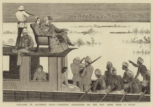 南インドでスケッチ、ピクニックから帰る途中のワニを撮影 作： John Charles Dollman