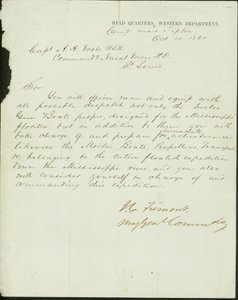 1861年10月11日、St.LouisのH.D.海軍部隊を指揮する米国海軍大尉A.H.Footに宛てた西部方面軍司令部少将J.C.Fremontの署名入り書簡 作： John Charles Frémont