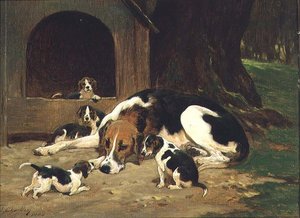 フォックスハウンドの雌犬とその子犬